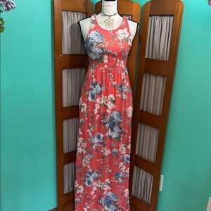 Bellamie Floral Coral Maxi Dress with pockets!